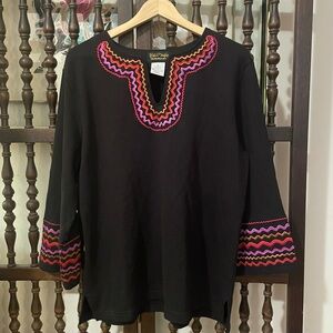 BOB MACKIE Vintage Black Bohemian Embroidered Wearable Art Top Size XL